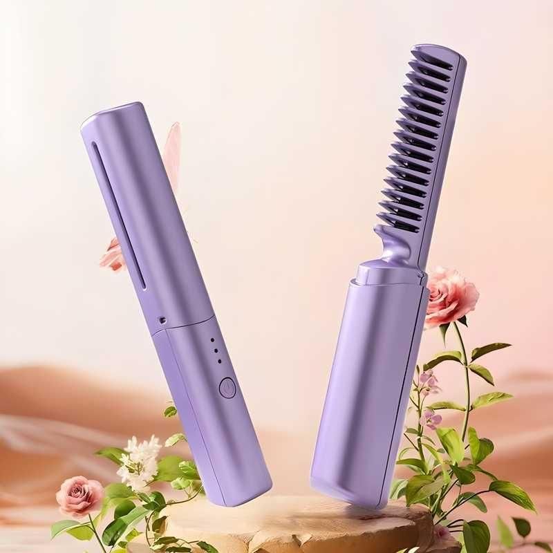 Meneflix Cordless Mini Hair Straightener - Portable Rechargeable Hot Comb for Travel & Office